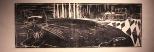 Cat in Kitchen - Woodcut 1999